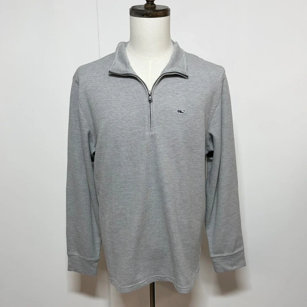 Vineyard Vines 1/4 Zip Pullover Mens Large Gray Stripe Saltwater Long Sleeve